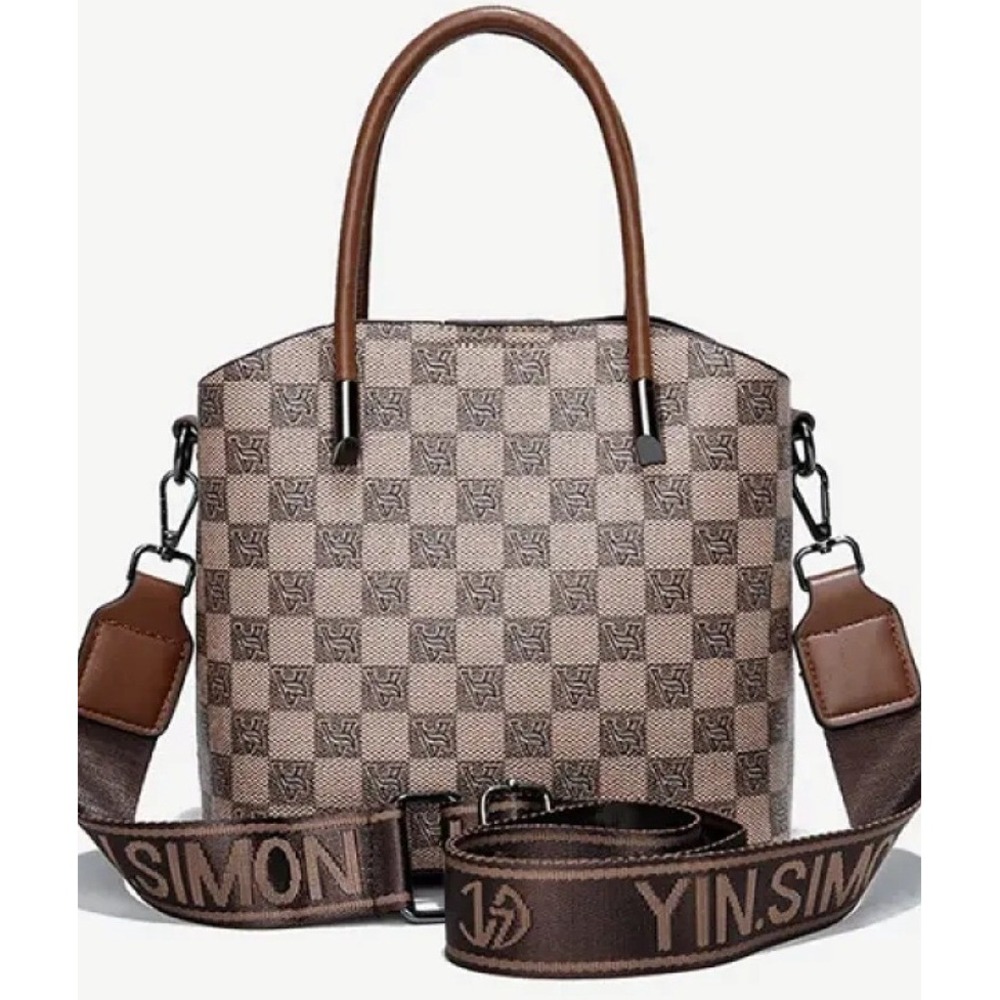 Yin.Sim Handbag Tote Bag Monogram Checkered Brown‎ Tan Shoulder Strap